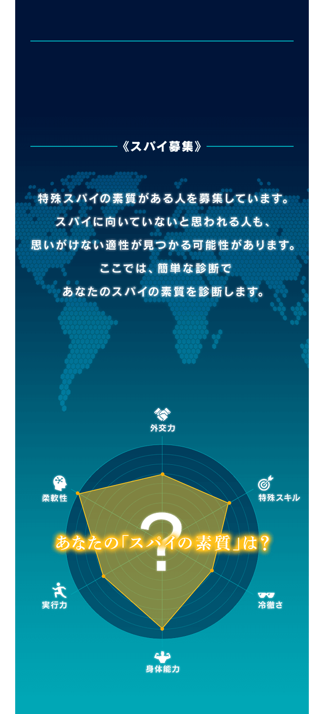 スパイ募集 特殊スパイの素質がある人を募集しています。スパイに向いていないと思われる人も、思いがけない適性が見つかる可能性があります。ここでは、簡単な診断であなたのスパイの素質を診断します。