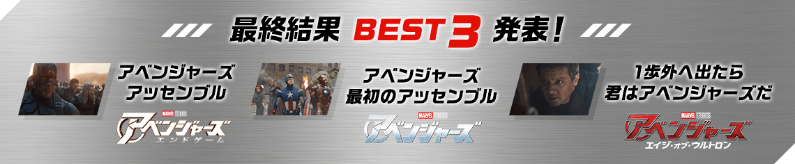 最終結果 BEST3 発表！　アベンジャーズアッセンブル　『アベンジャーズ エンドゲーム』、アベンジャーズ最初のアッセンブル　『アベンジャーズ』、1歩外へ出たら君はアベンジャーズだ　『アベンジャーズ エイジ・オブ・ウルトロン』